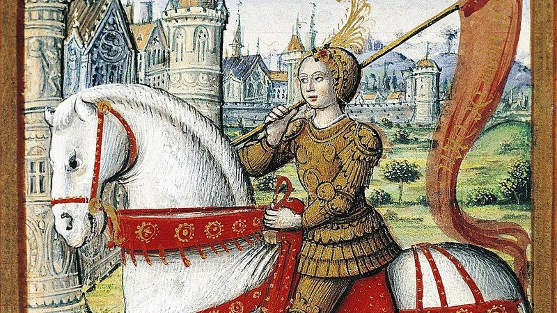 Juana, montada a caballo en una ilustración de «Les vies des femmes célèbres», de Antoine Dufour de 1504