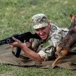 Un perro salta junto a un soldado ucraniano en unas maniobras en la región de Zakarpattia, en el oeste de Ucrania