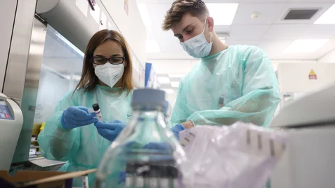 Varios técnicos de laboratorio trabaja con pruebas PCR en el Laboratorio de Microbiología del Hospital público Gregorio Marañón, a 31 de mayo de 2022, en Madrid (España)