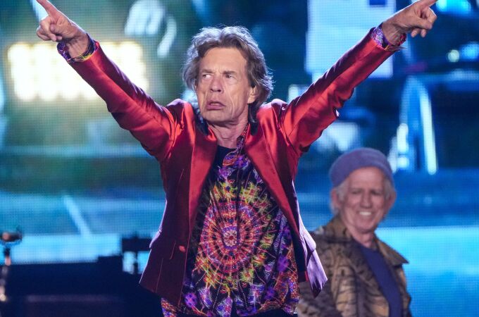 Mick Jagger, centre, and Keith Richards, back right, of the band the Rolling Stones, perform during their Sixty Stones Europe 2022 tour at the Wanda Metropolitano stadium in Madrid, Spain, Wednesday, June 1, 2022. (AP Photo/Manu Fernandez)