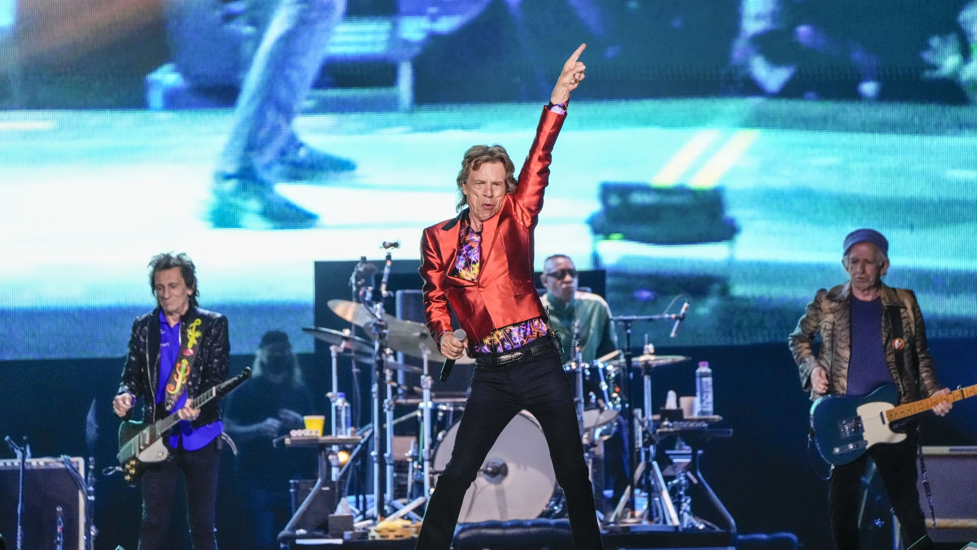Mick Jagger, centre, Ronnie Wood, left, and Keith Richards, right, of the band the Rolling Stones, perform during their Sixty Stones Europe 2022 tour at the Wanda Metropolitano stadium in Madrid, Spain, Wednesday, June 1, 2022. (AP Photo/Manu Fernandez)