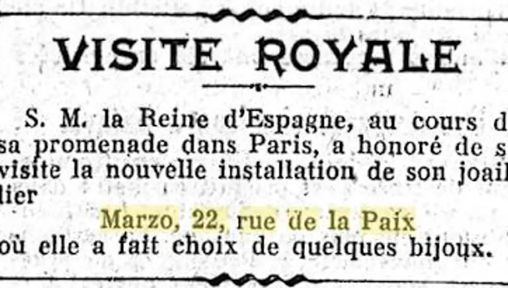 Diario francés con una nota de prensa de la visita de la Reina de España a la boutique de MARZO en París.