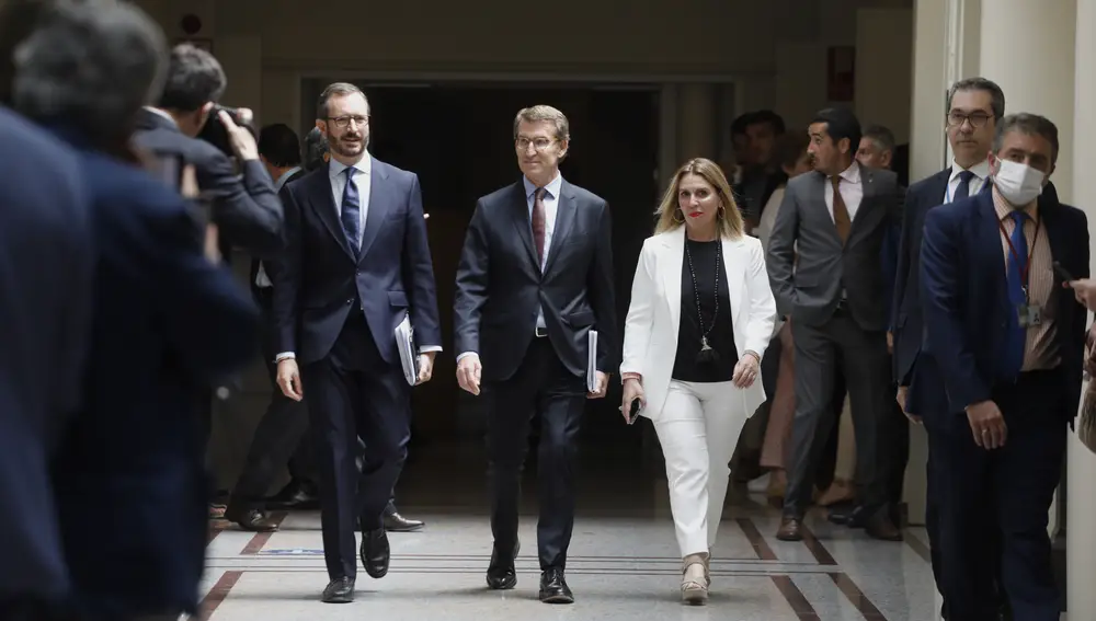 El líder del PP, Alberto Nuñez Feijoo, junto al portavoz del Grupo, Javier Maroto, a su llegada al Senado donde se estrenaba en la Cámara Alta