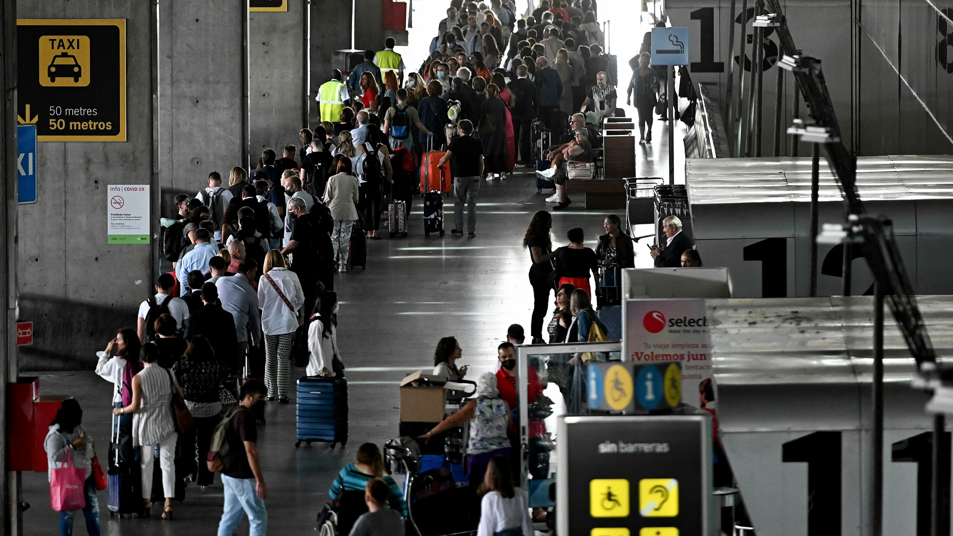Decenas de personas hacen cola este miércoles para facturar el equipaje en el Aeropuerto de Barajas de Madrid