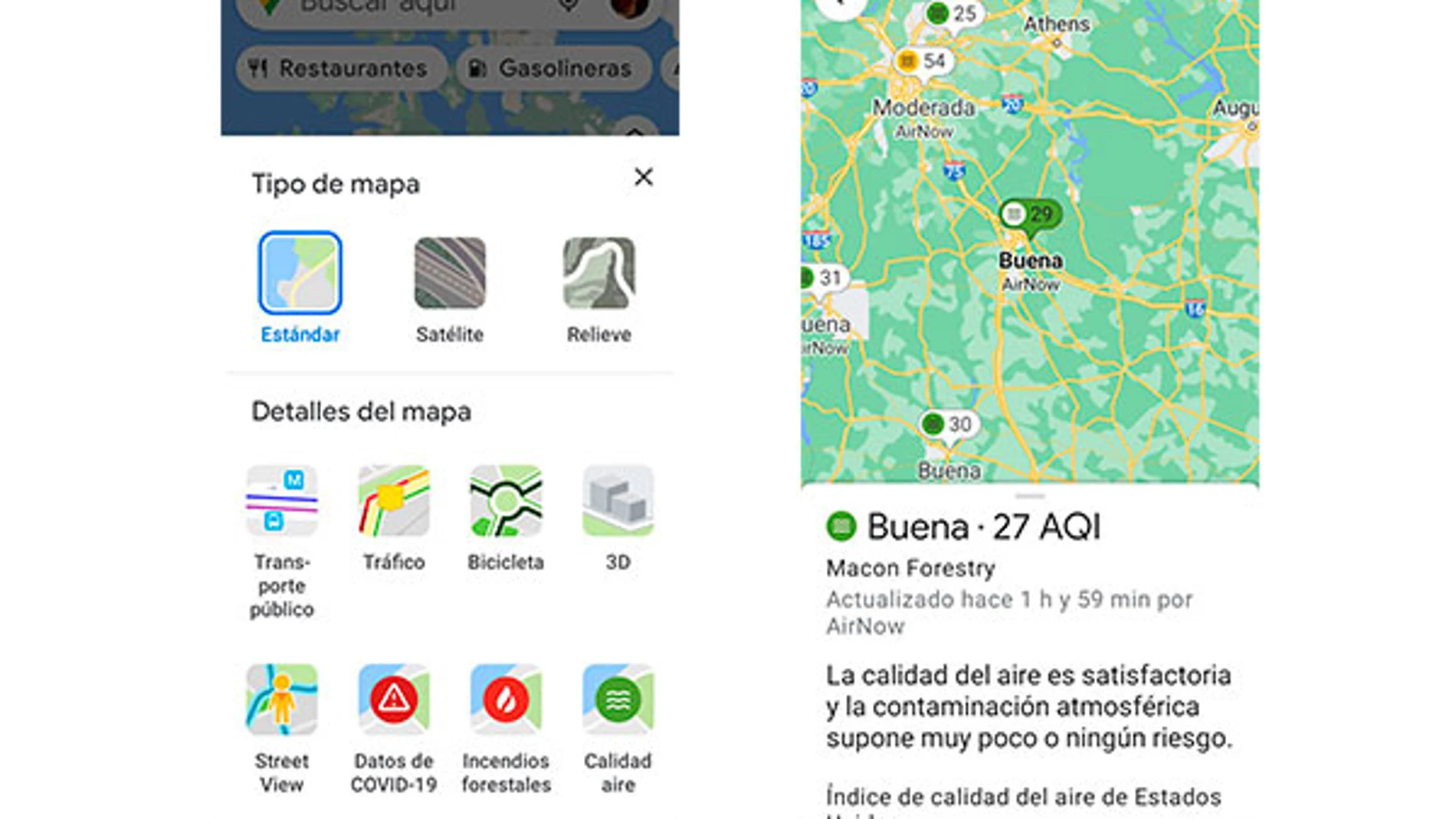 La nueva capa con el AQI en Google Maps.