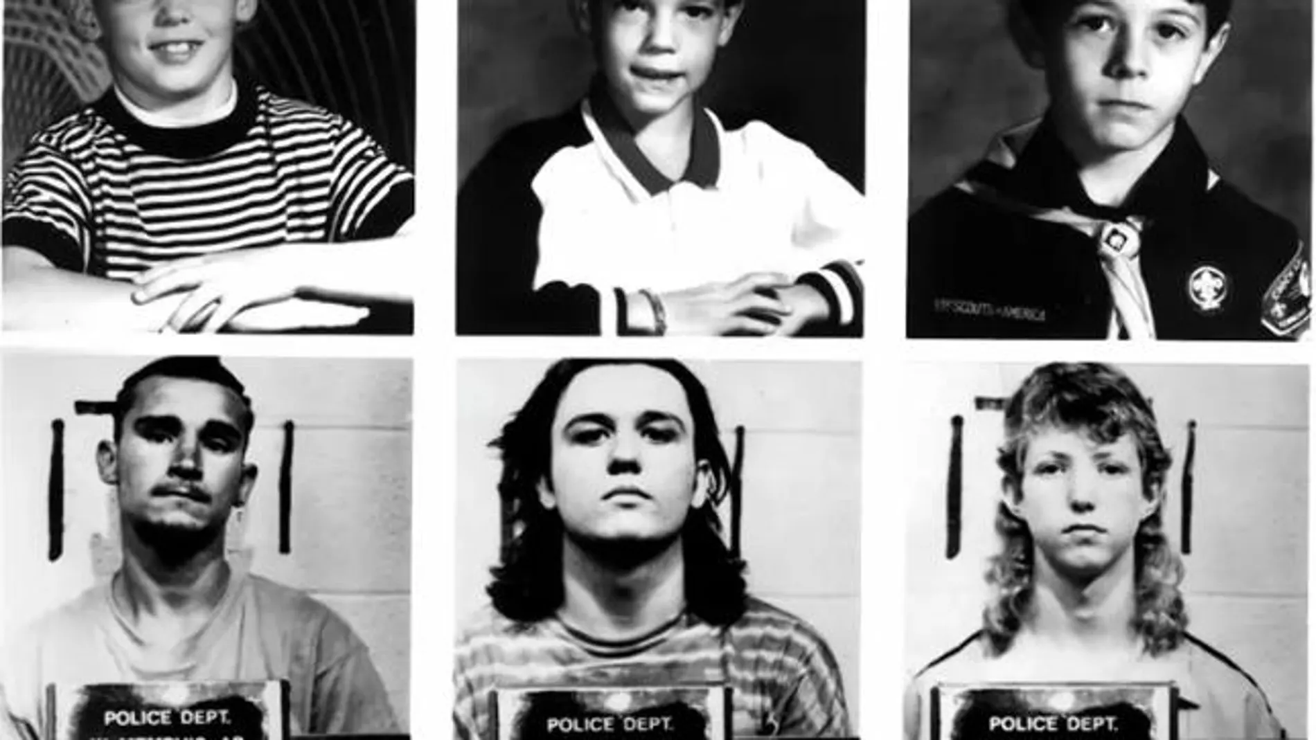 Collage con las imágenes de los tres niños asesinados y de los tres jóvenes juzgados y condenados de manera injusta por el crimen