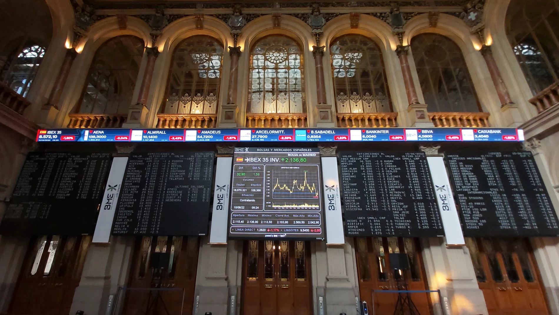 Vista de las pantallas que muestran la evolución del IBEX 35 este viernes tras la apertura de la Bolsa de Valores de Madrid
