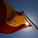 Una bandera de España ondea en una exhibición de la Infantería de Marina de Madrid con motivo del Día de las Fuerzas Armadas