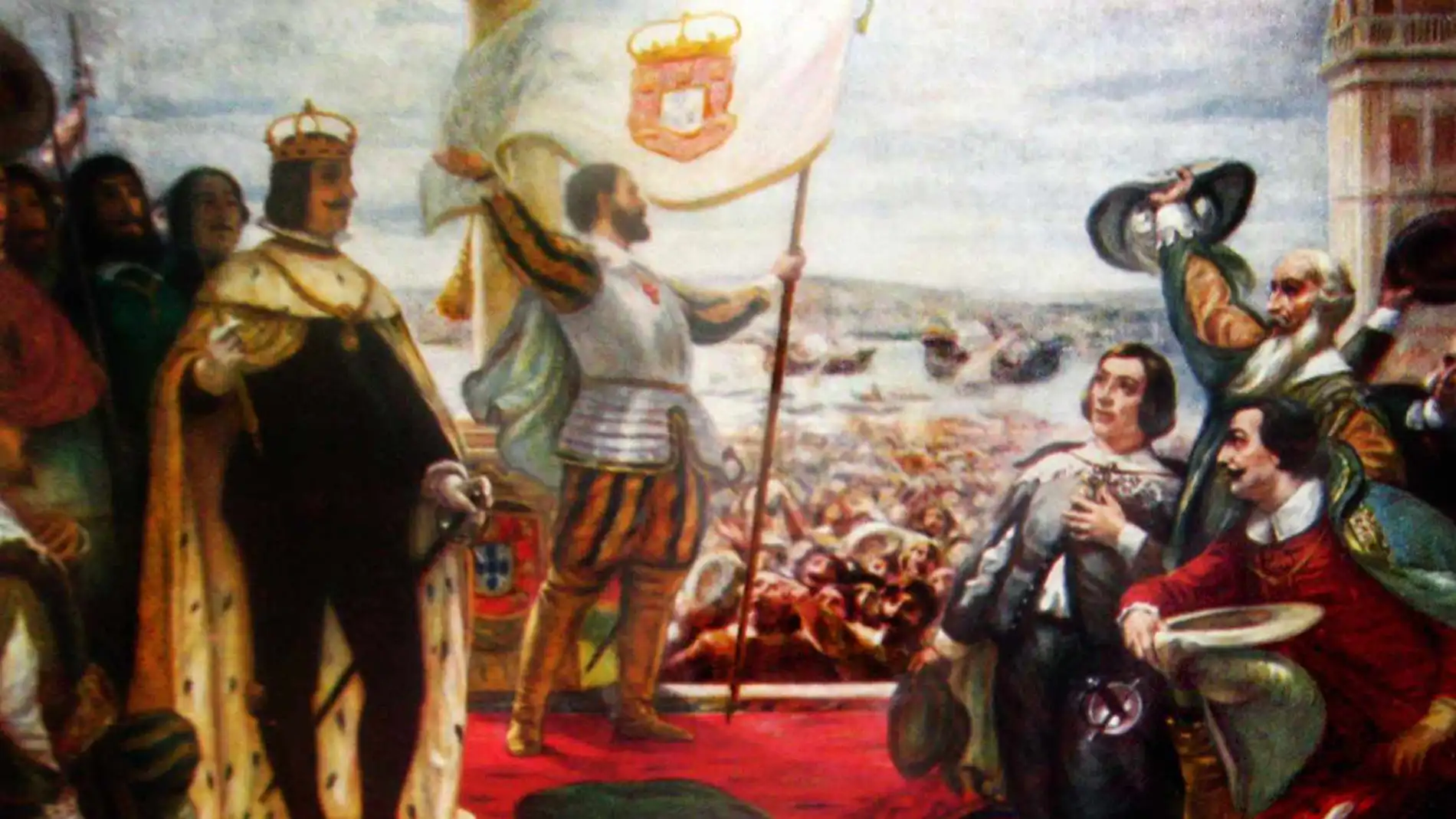 Carlos IV siendo proclamado rey, en un cuadro del pintor portugués Veloso Salgado