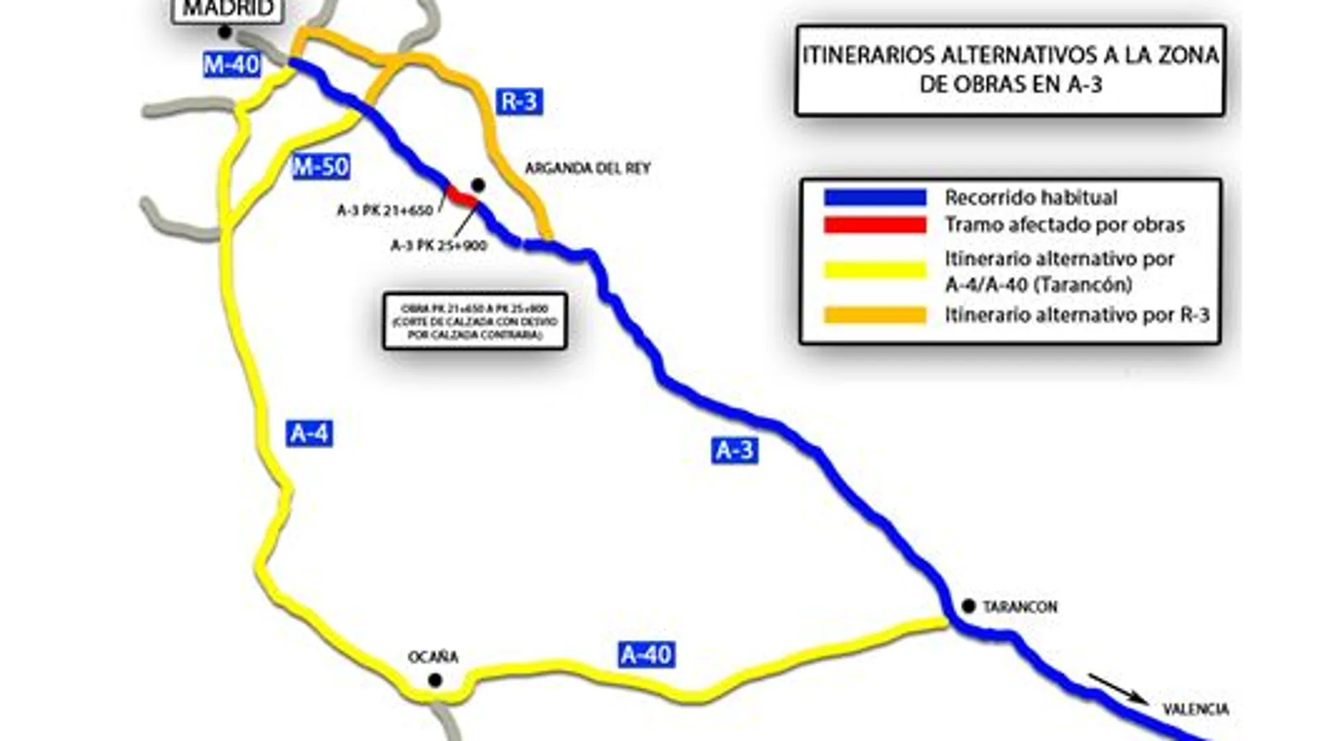 Itinerarios por las obras en la A-3