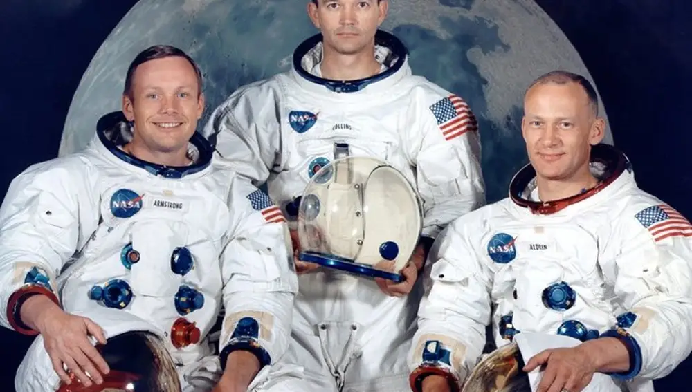 La tripulación del Apolo 11: el comandante Neil Armstrong, piloto de pruebas, el piloto del módulo de mando Michael Collins y el piloto del módulo lunar Edwin Aldrin.