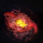 Recreación artística de la galaxia A1689-zD1, donde se ve un halo de gas carbono (en rosa) y chorros de gas caliente (en rojo) que se emiten desde el centro