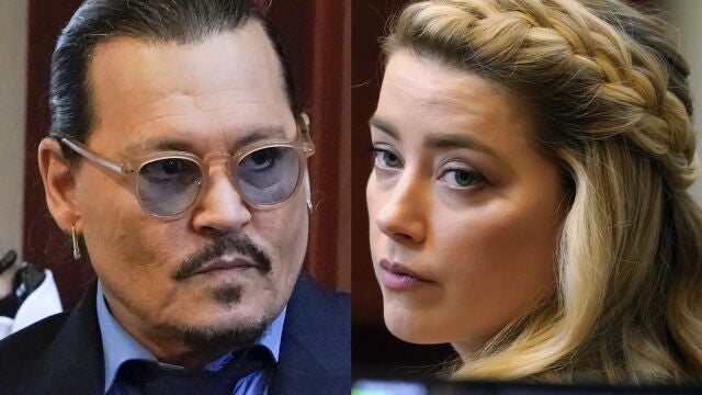 Johnny Depp y Amber Heard, durante el juicio por difamación. (AP Photos/Steve Helber, Pool)