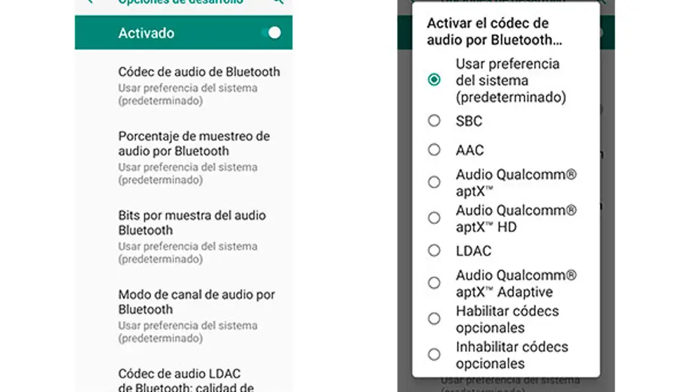 El modo para desarrolladores ofrece varias opciones sobre el audio a través de Bluetooth.