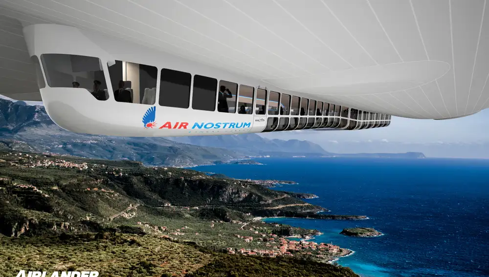 Detalle de la cabina de un Airlander 10 con el logo de Air Nostrum