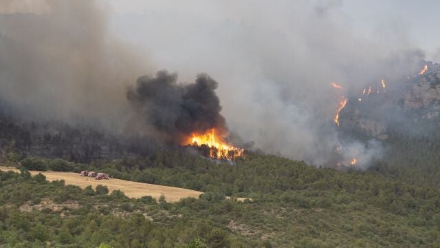 Los Bomberos de la Generalitat trabajan en la extinción de ocho incendios, aunque son dos los de mayor magnitud, el de Artesa de Segre (Lleida), que ya afecta a unas 500 hectáreas de vegetación, y el de Corbera d'Ebre (Tarragona), donde se trabaja en un área de 200 hectáreas.