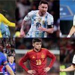 Los futbolistas Neymar, Leo Messi, Karim Benzema (arriba), Harry Kane, Pedri y Joshua Kimmich.