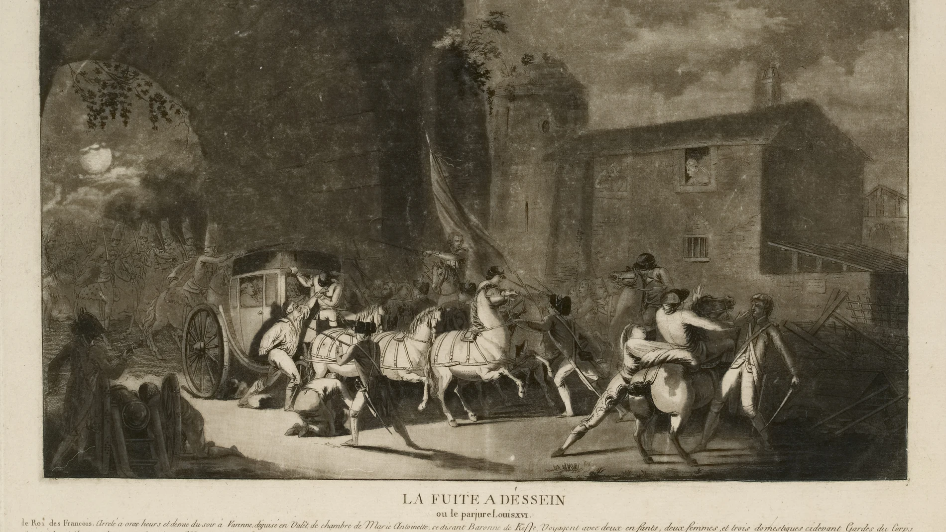 Grabado que representa el momento del arresto de la familia real francesa durante la fuga de Varennes