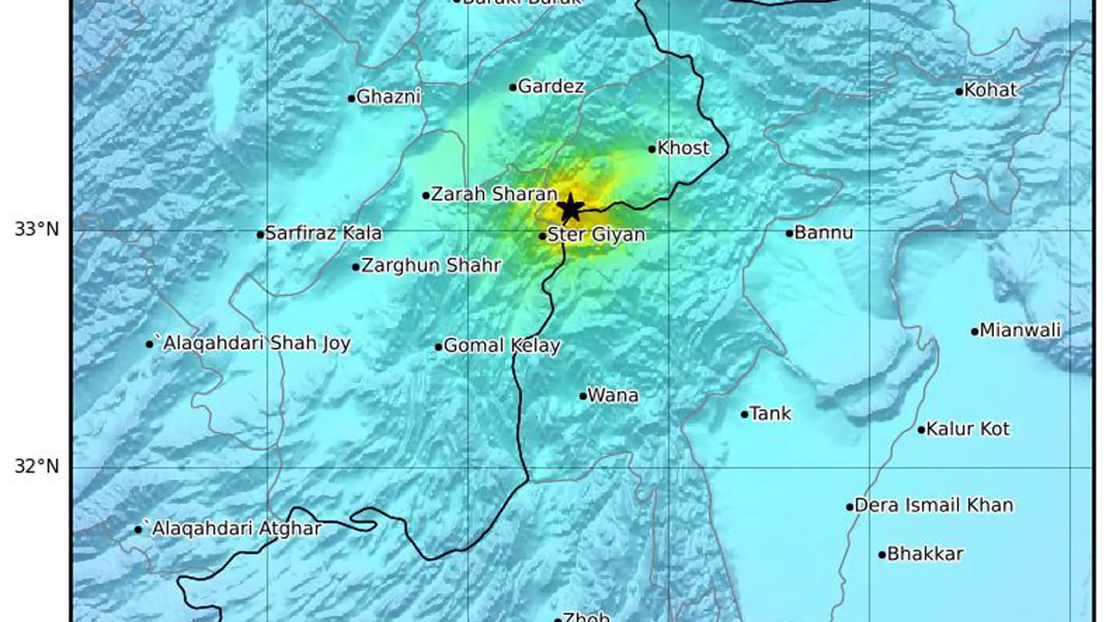 Un mapa de movimiento facilitado por el Servicio Geológico de los Estados Unidos (USGS) muestra la ubicación de un terremoto de magnitud 5,9 que azotó a unos 46 km al suroeste de Khost, en la provincia de Paktika, Afganistán.