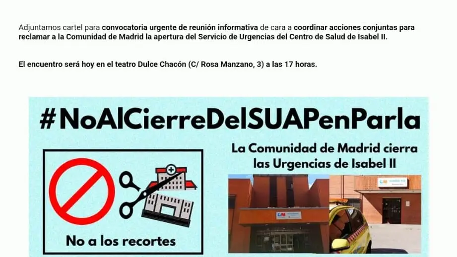 Correo electrónico enviado desde la Alcaldía de Parla a las asociaciones de vecinos para que acudieran a un &quot;encuentro urgente&quot; para &quot;coordinar acciones&quot; contra el plan sanitario de la Comunidad de Madrid