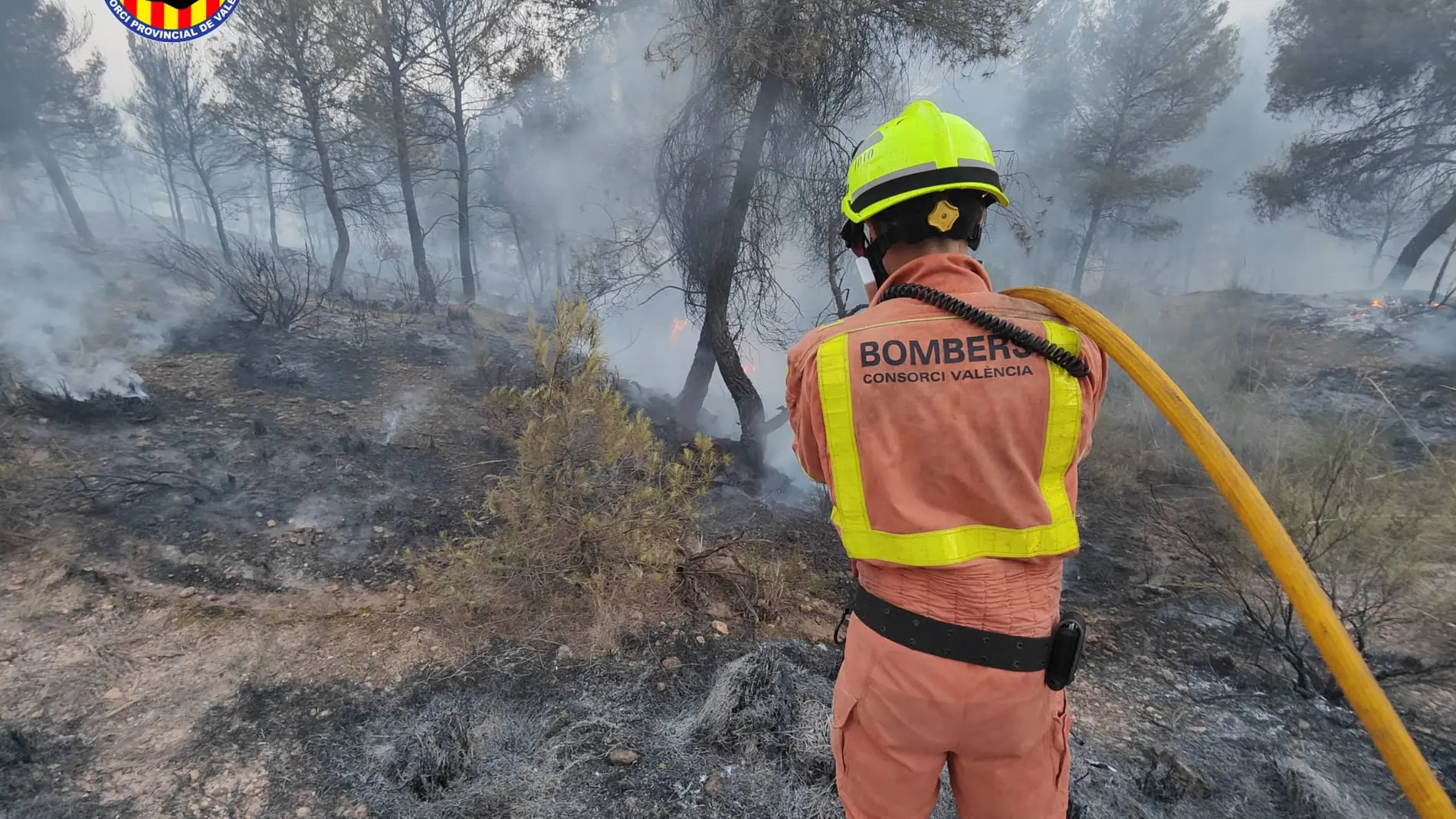 Un bombero trabaja en la extinción de un fuego en Venta del Moro (Valencia)