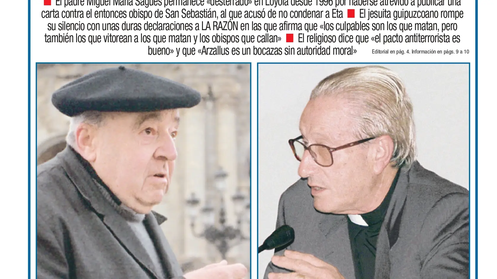 Portada de LA RAZÓN aquel 2 de marzo de 2001 que recoge la entrevista a Miguel María Sagües