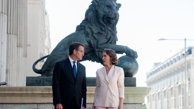 El presidente del PP, Alberto Núñez Feijóo y la secretaria general y portavoz del PP, Cuca Gamarra, en la puerta de los Leones del Congreso de los Diputados.