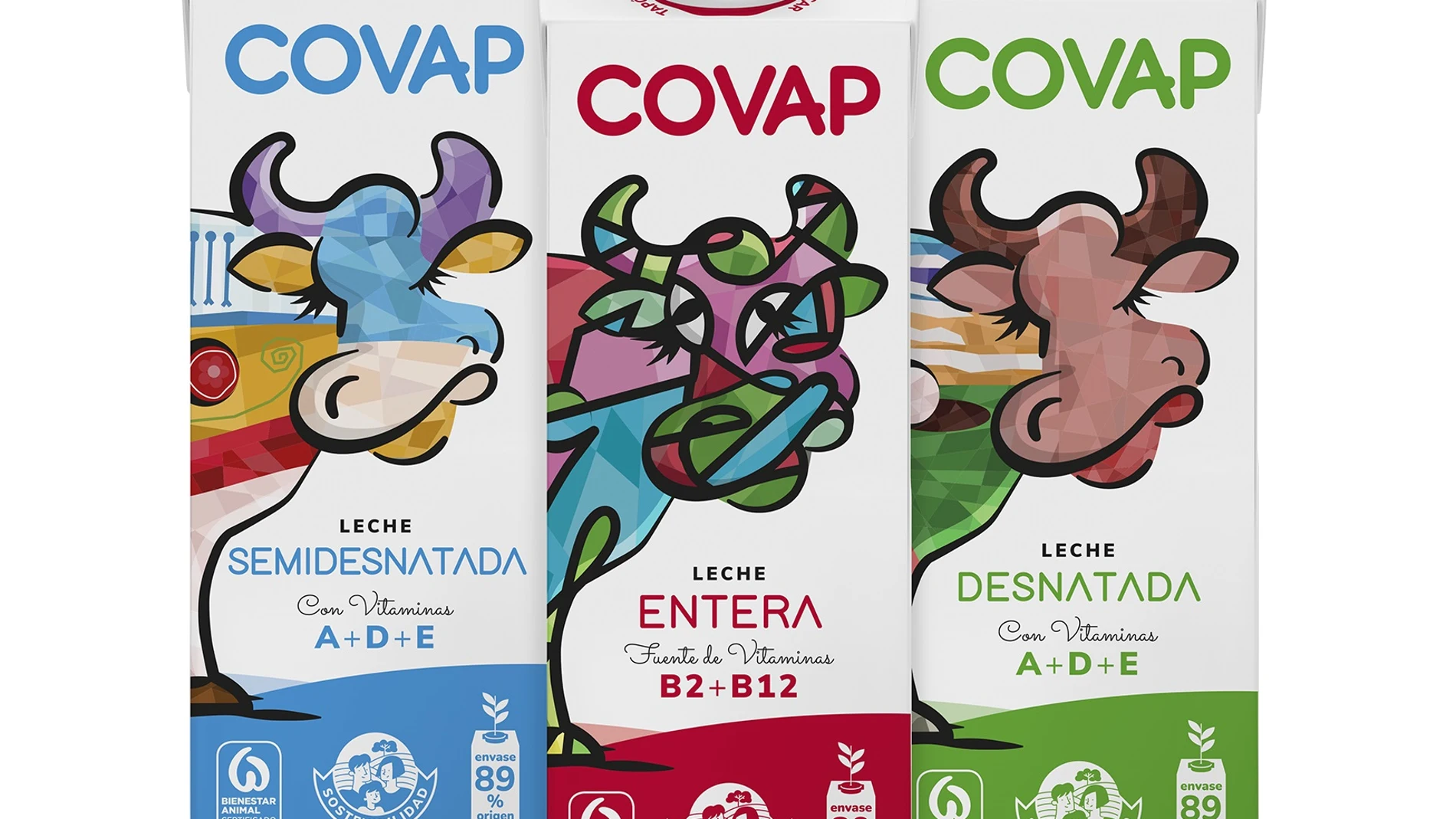 Nuevos envases de Lácteos Covap con la ilustración de la 'Vaca Picassiana'. COVAP