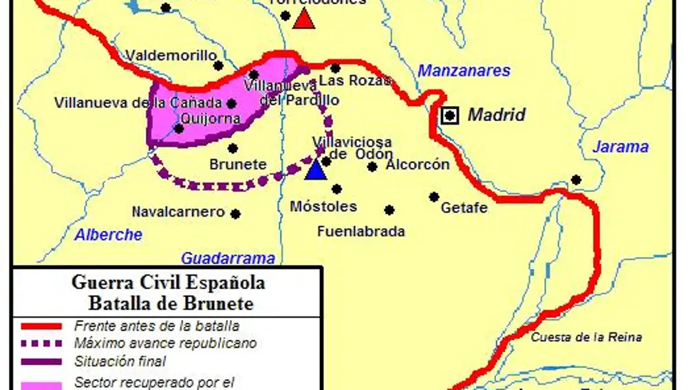 Mapa que representa qué supuso territorialmente la batalla de Brunete