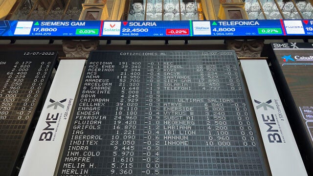 Vista general del Ibex 35, el principal indicador del parqué madrileño de la Bolsa española este martes