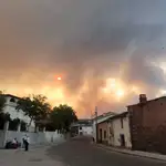 Vista del incendio en la localidad de Serradilla del Arroyo (Salamanca) que se ha propagado con el viento desde Cácere