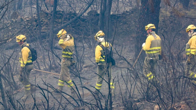 Efectivos del cuerpo de bomberos trabajan en las labores de extinción del incendio declarado en el término de Monsagro, al suroeste de Salamanca