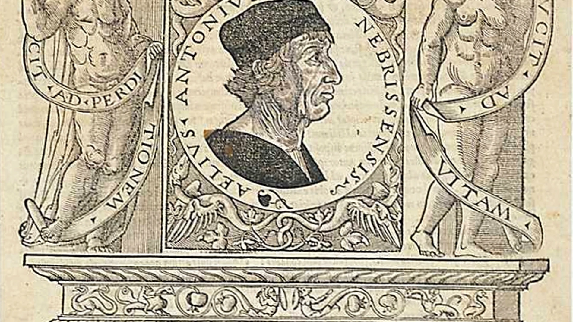 Antonio de Nebrija ocupa un lugar muy destacado en la historia de la lengua española al ser autor de la primera gramática castellana. En la imagen, portada de su «Dictionarium hispano-latinum» (Salamanca, 1495)