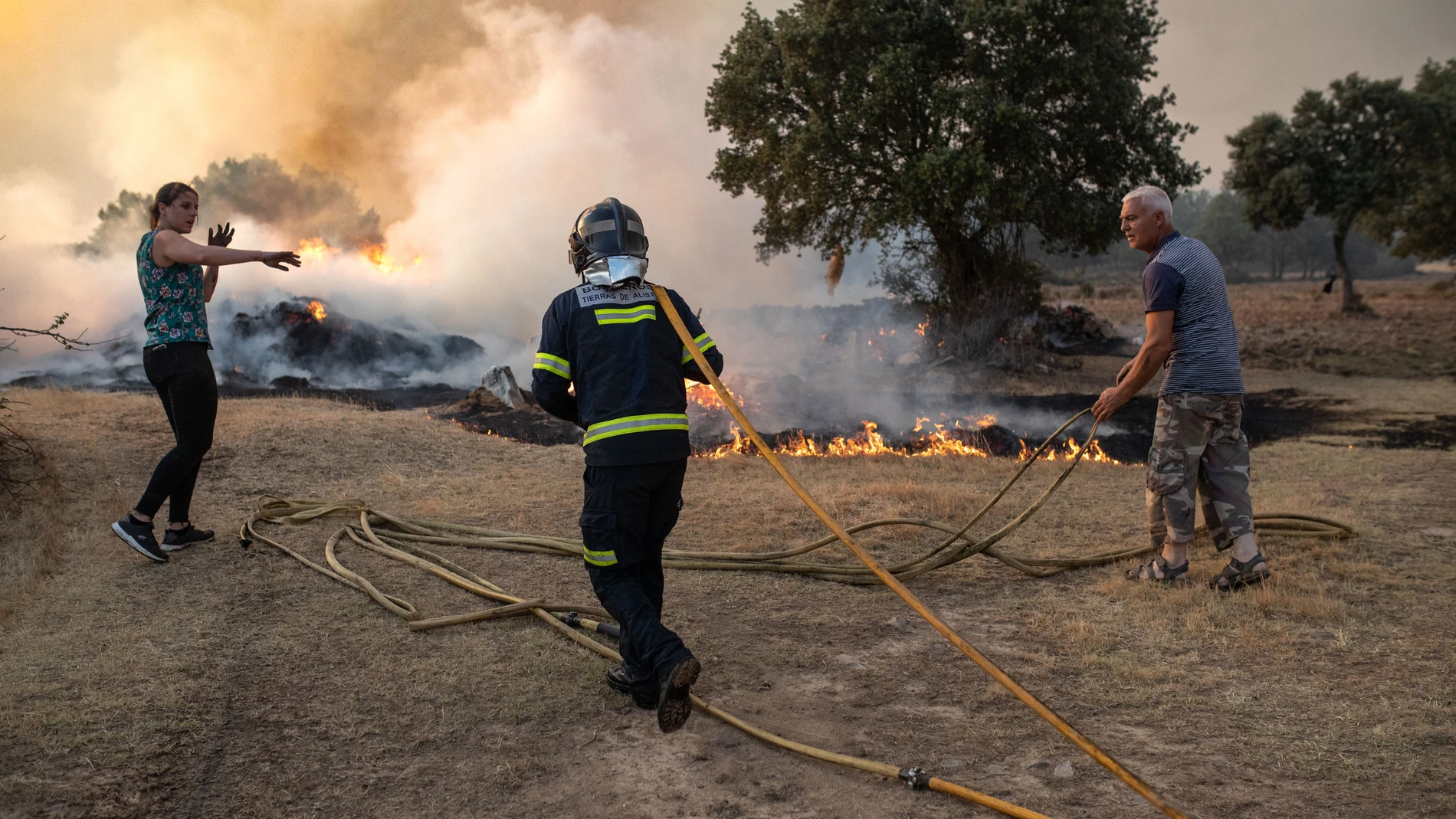 Un bombero y dos vecinos trabajan en la extinción del incendio de Losacio
