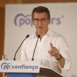 El presidente del Partido Popular (PP), Alberto Núñez Feijóo, interviene durante el XIV congreso del Partido Popular catalán, a 23 de julio de 2022.