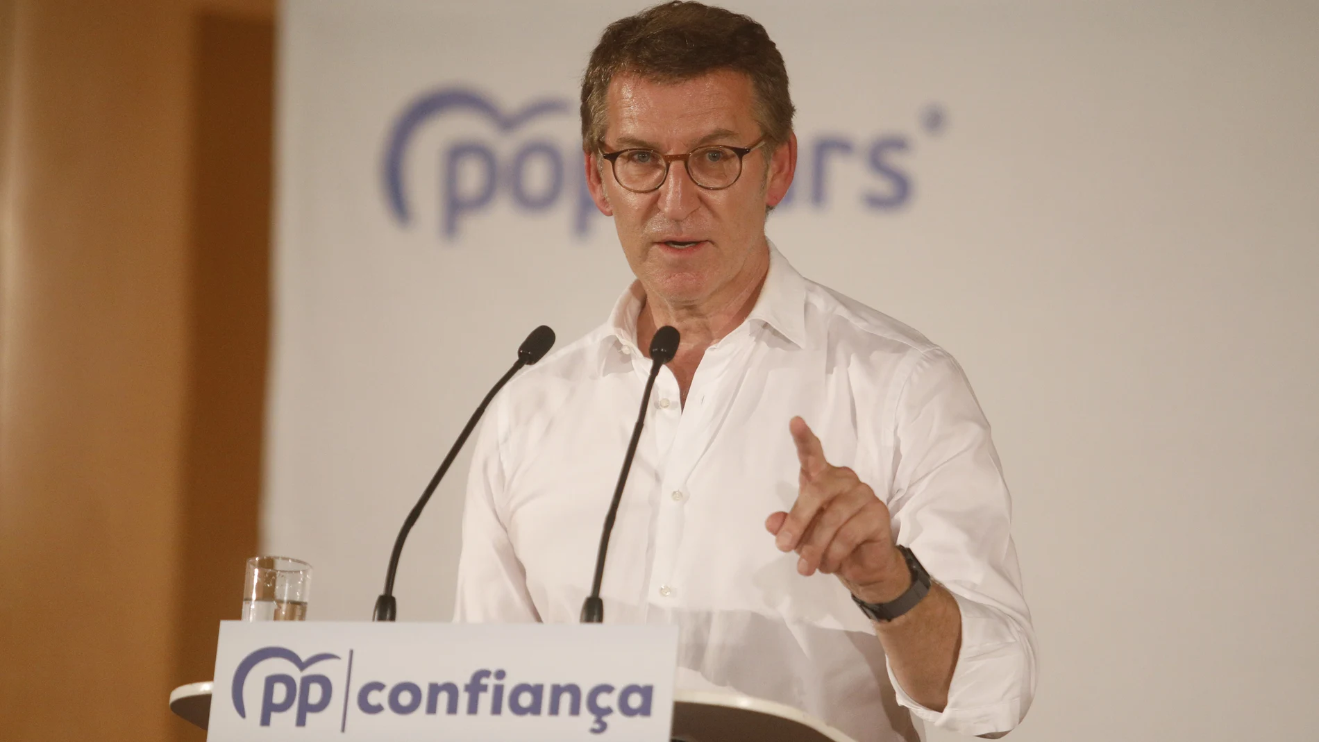 El presidente del Partido Popular (PP), Alberto Núñez Feijóo, interviene durante el XIV congreso del Partido Popular catalán, a 23 de julio de 2022.