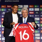 Enrique Cerezo, President of Atletico de Madrid, and Nahuel Molina pose for photo with official T-shirt during his presentation as new player of Atletico de Madrid at Civitas Metropolitano on July 29, 2022, in Madrid, Spain. AFP7 29/07/2022 ONLY FOR USE IN SPAIN