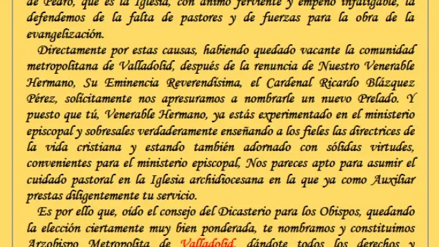 Bula papal con el nombramiento de Luis Argüello como arzobispo de Valladolid