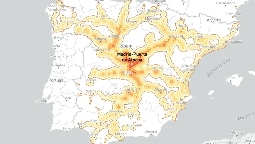 Mapa de España con los puntos del país a los que se puede llegar en tren desde Madrid en 5 horas