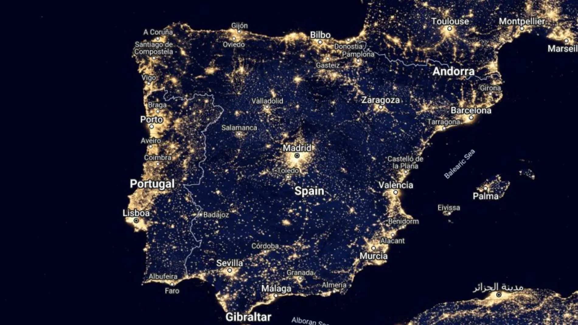 Mapa contaminación lumínica de España de blue-marble