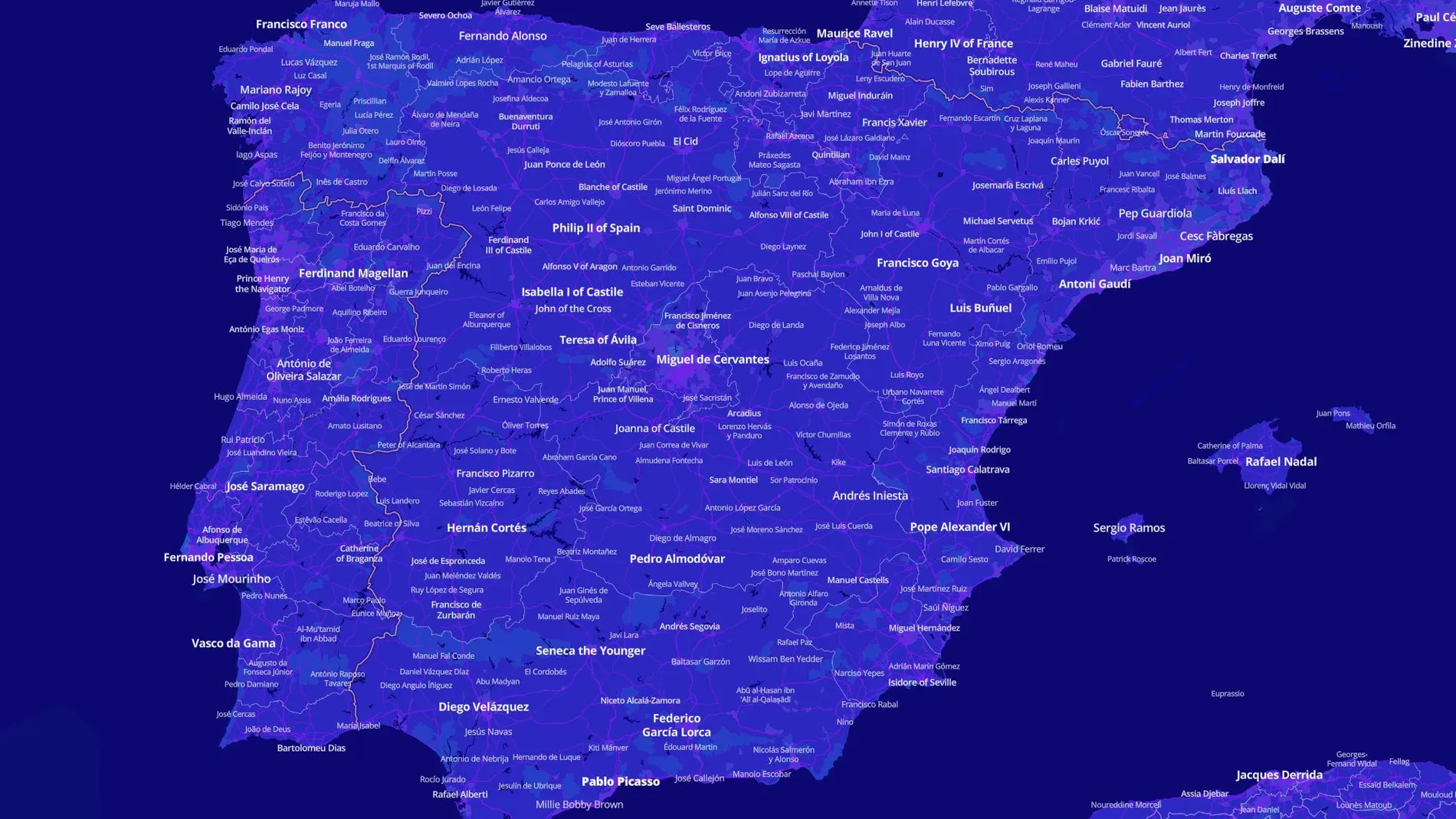 Conforme se acerca la vista, el mapa muestra más personalidades notables nacidas en distintos puntos de España.