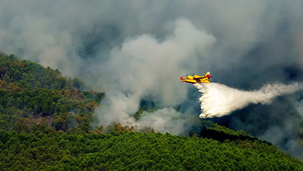 SANTA CRUZ DE VALLE (ÁVILA), 08/08/2022.- Medios aéreos trabajan este lunes para apagar el fuego declarado el pasado viernes en Santa Cruz del Valle (Ávila) a pocos kilómetros de la localidad de Pedro Bernardo en Ávila. El fuego está aún sin control ni estabilización y, aunque la situación. EFE/ Raúl Sanchidrián