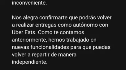 El servicio de información de Uber Eats confirma a un antiguo repartidor el regreso del trabajo autónomo