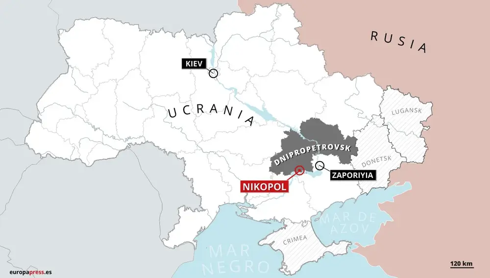 Mapa con la localización de Dnipropetrovsk junto con las ciudades de Nikopol y Zaporiyia. Al menos trece personas han muerto como consecuencia de un bombardeo en la región ucraniana de Dnipropetrovsk, según las autoridades locales, que han culpado de este ataque a las Fuerzas Armadas rusas. 10 AGOSTO 2022 Europa Press 10/08/2022