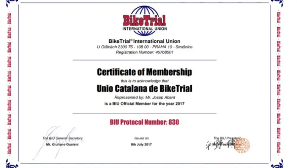 Certificado de Cataluña como miembro de Bike Trial Union