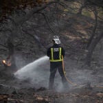Un bombero del consorcio contra incendios de la Región de Murcia apaga las últimas llamas en el Paraje La Patoja, en el término municipal de Jumilla, próximo a la comunidad de Castilla-La Mancha