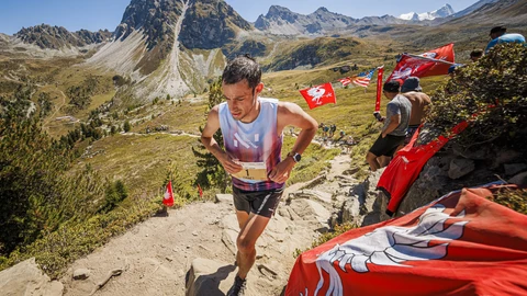 Saint-luc (Switzerland Schweiz Suisse), 13/08/2022.- Kilian Jornet from Spain, fifth placed in the men's category, races towards the finish line during the 49th Sierre-Zinal long distance mountain race above the alpine village of Saint-Luc, Switzerland, 13 August 2022. (España, Suiza) EFE/EPA/VALENTIN FLAURAUD