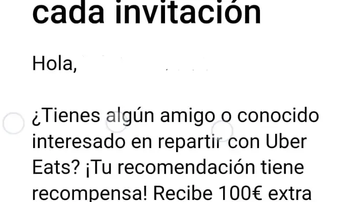 Correo donde Uber Eats ofrece 100 euros de recompensa a los "riders" que inviten a otros para operar como autónomos
