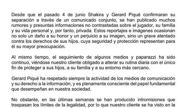 Comunicado oficial del equipo legal de Piqué