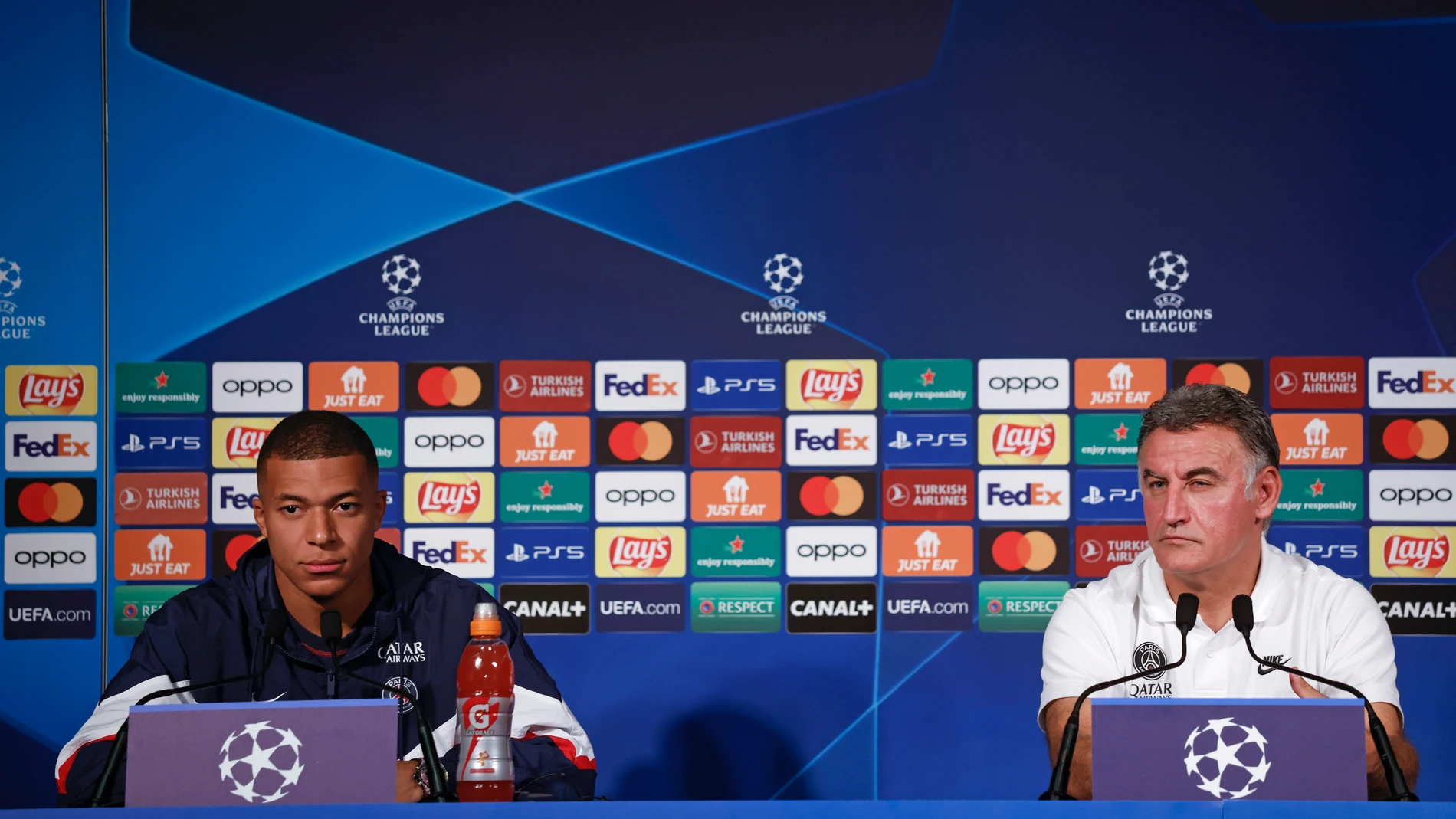 Mbappé y Galtier, en la rueda de prensa previa al partido ante la Juventus